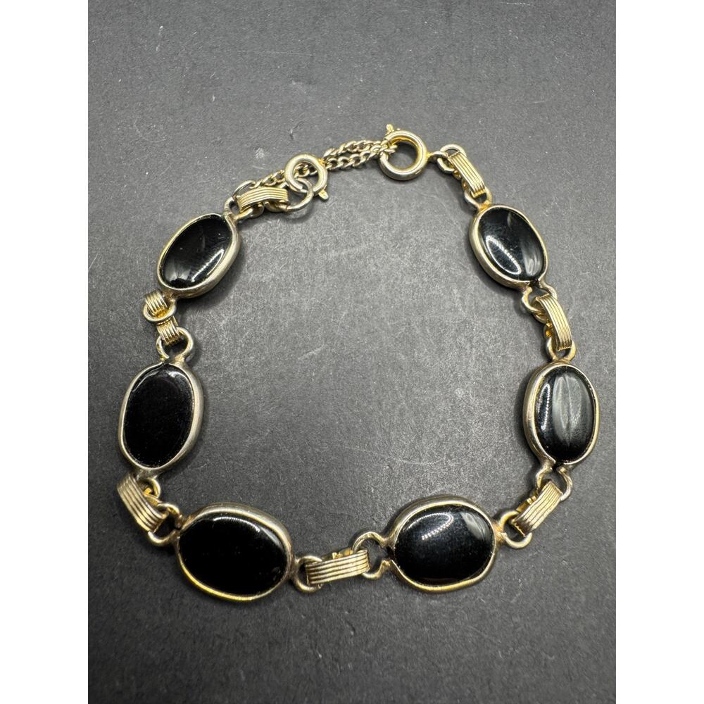 Vintage Gold Filled Black Onyx Oval Link Bracelet W/ Safety Chain Sz 7.25"